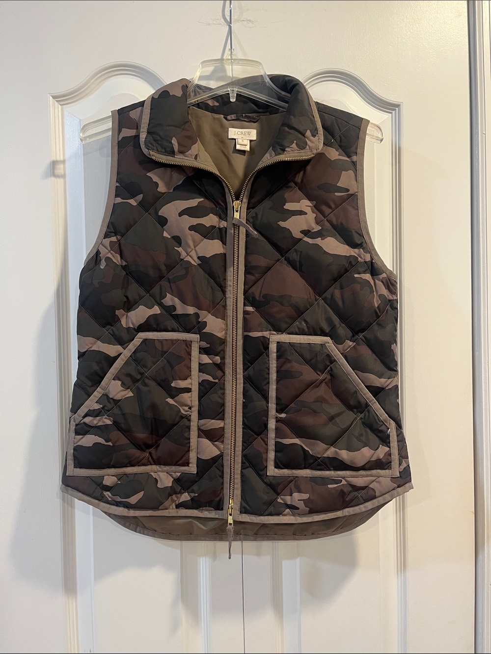 J. Crew Quilted Camo Vest in Olive and Black Tones